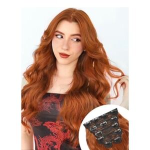 ALXNAN 6PCS Orange Red Clip In Hair Extensions 24 Inch Wavy Synthetic Hairpieces